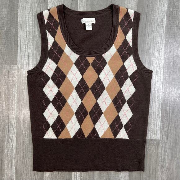 100% Merino Wool Scoop Neck Tweeds Sweater Vest Argyle Brown Preppy Academia - Picture 1 of 5